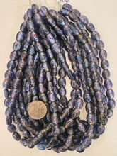dark pale blue purple blue red swirl motif, vintage look glass, 13x11x6mm oval mix, 15" strand, sold per strand