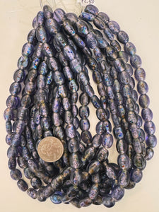 dark pale blue purple blue red swirl motif, vintage look glass, 13x11x6mm oval mix, 15" strand, sold per strand