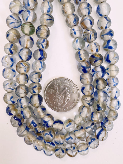 clear blue metallic copper swirl motif, vintage look glass, 9mm round mix, 15