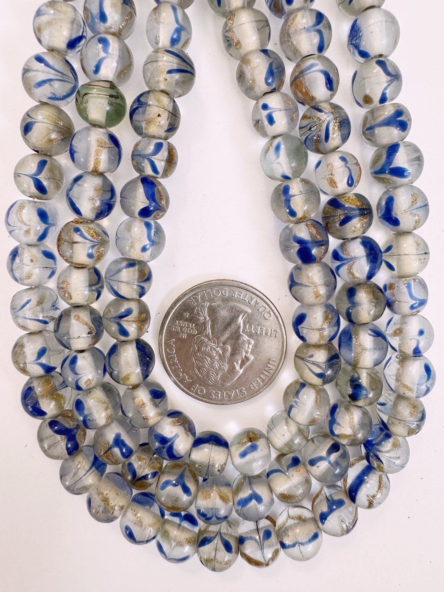 clear blue metallic copper swirl motif, vintage look glass, 9mm round mix, 15