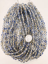 clear blue metallic copper swirl motif, vintage look glass, 9mm round mix, 15" strand, sold per strand