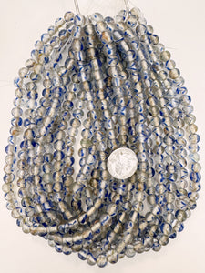 clear blue metallic copper swirl motif, vintage look glass, 9mm round mix, 15" strand, sold per strand