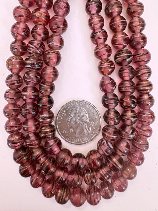 red purple black white red metallic copper swirl, vintage look glass, 8mm round, 15