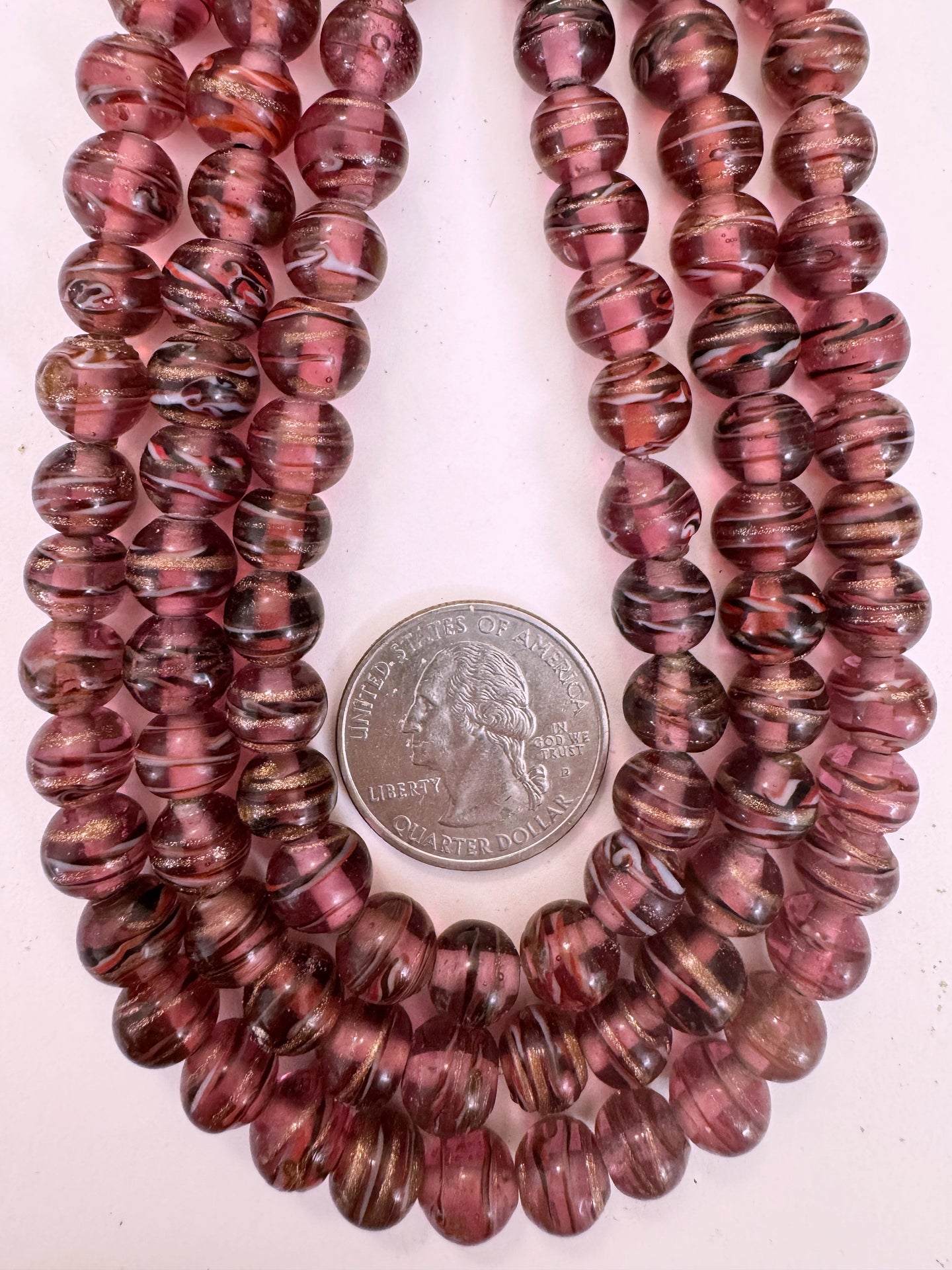 red purple black white red metallic copper swirl, vintage look glass, 8mm round, 15