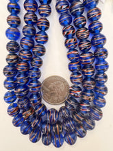 dark blue black white red metallic copper swirl, vintage look glass, 10mm round, 15" strand, sold per strand