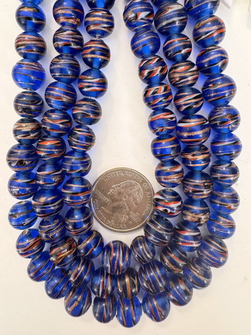 dark blue black white red metallic copper swirl, vintage look glass, 10mm round, 15