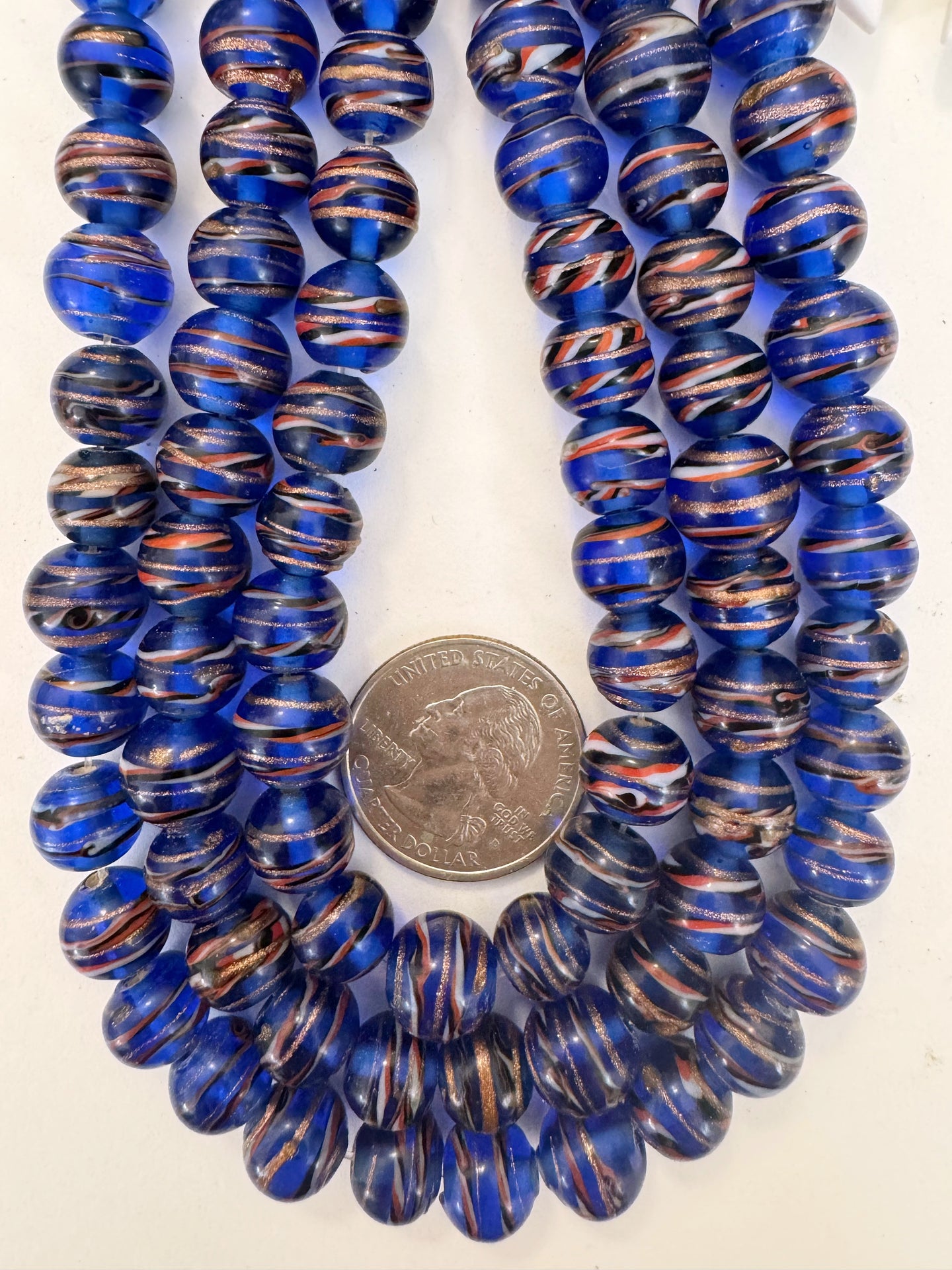 dark blue black white red metallic copper swirl, vintage look glass, 10mm round, 15