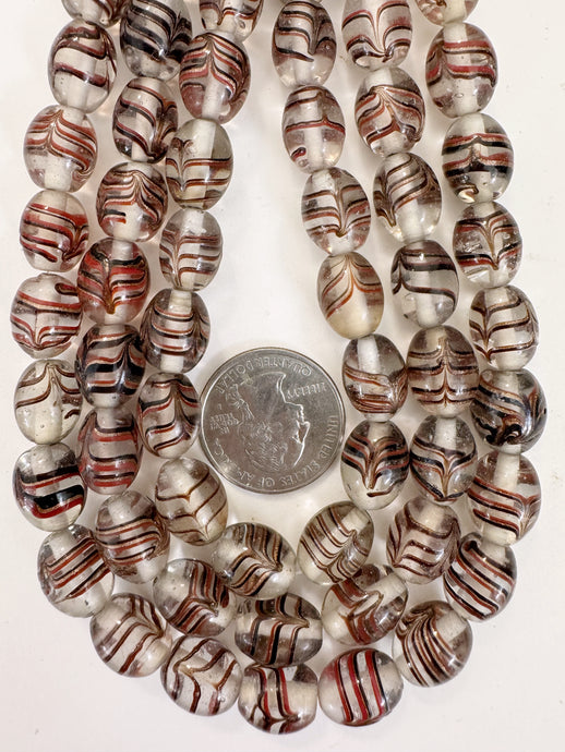 clear black red metallic copper feathered swirl, vintage look glass, 12x10mm barrel bowed tube, 15