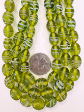 lime green white feathered swirl, vintage look glass, 11-13mm barrel bowed tube mix, 15" strand, sold per strand