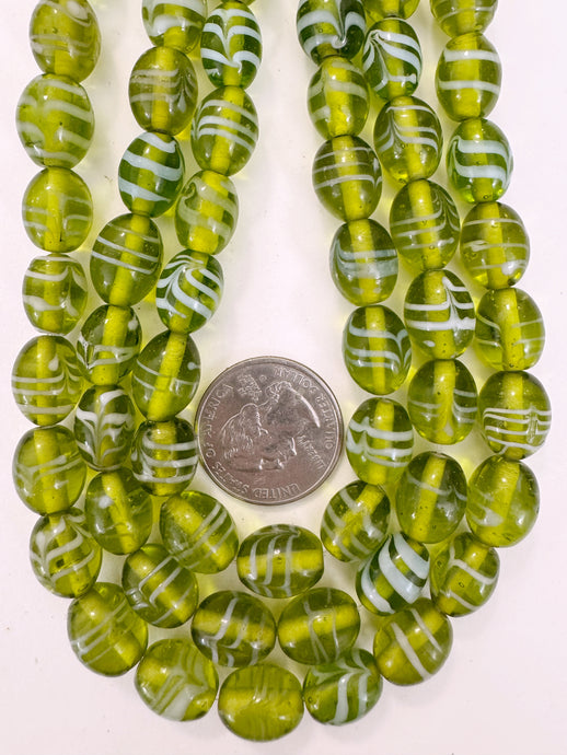 lime green white feathered swirl, vintage look glass, 11-13mm barrel bowed tube mix, 15