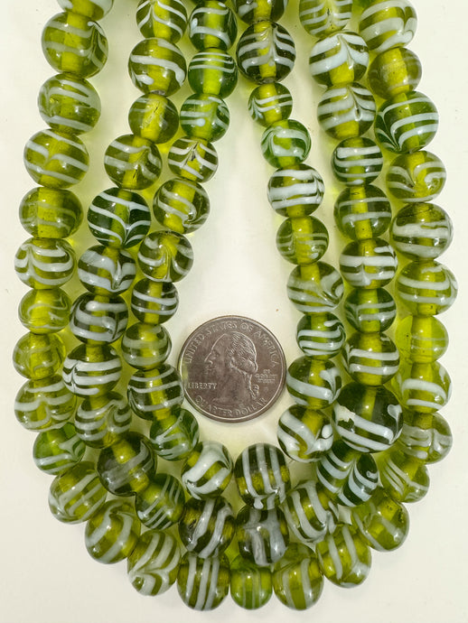 lime green white feathered swirl, vintage look glass, 9-13mm round mix, 15