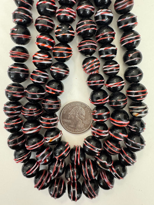 black red white raised swirl, vintage look glass, 11-14mm round mix, 15