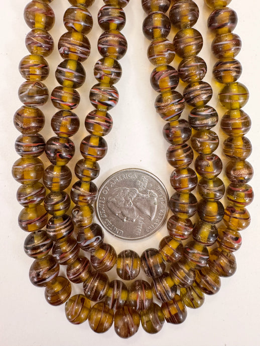 dark amber black white red metallic copper swirl, vintage look glass, 9mm round, 15