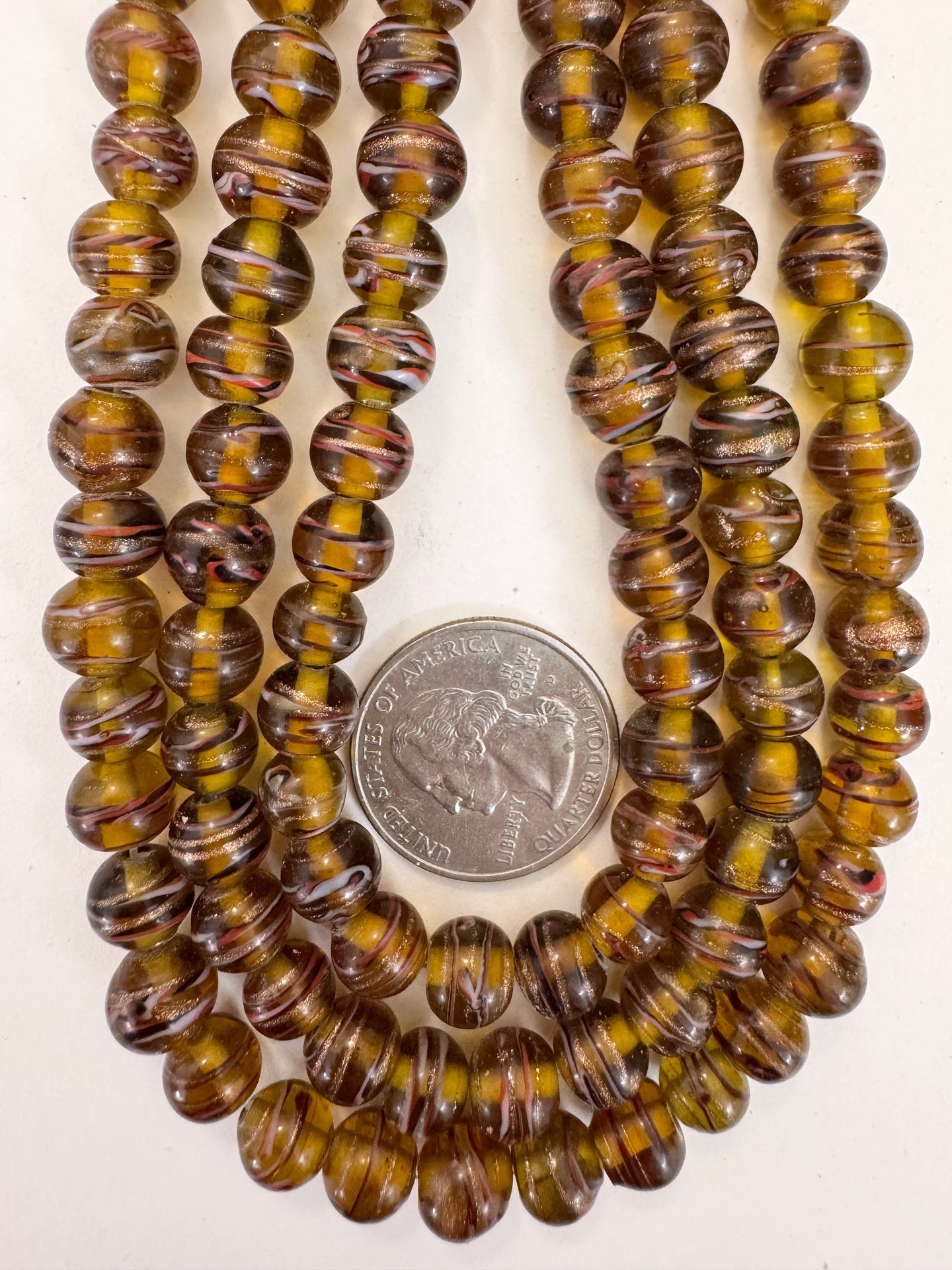 dark amber black white red metallic copper swirl, vintage look glass, 9mm round, 15