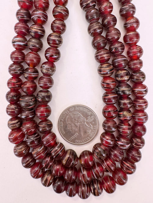 dark cherry red black white red metallic copper swirl, vintage look glass, 9mm round, 15