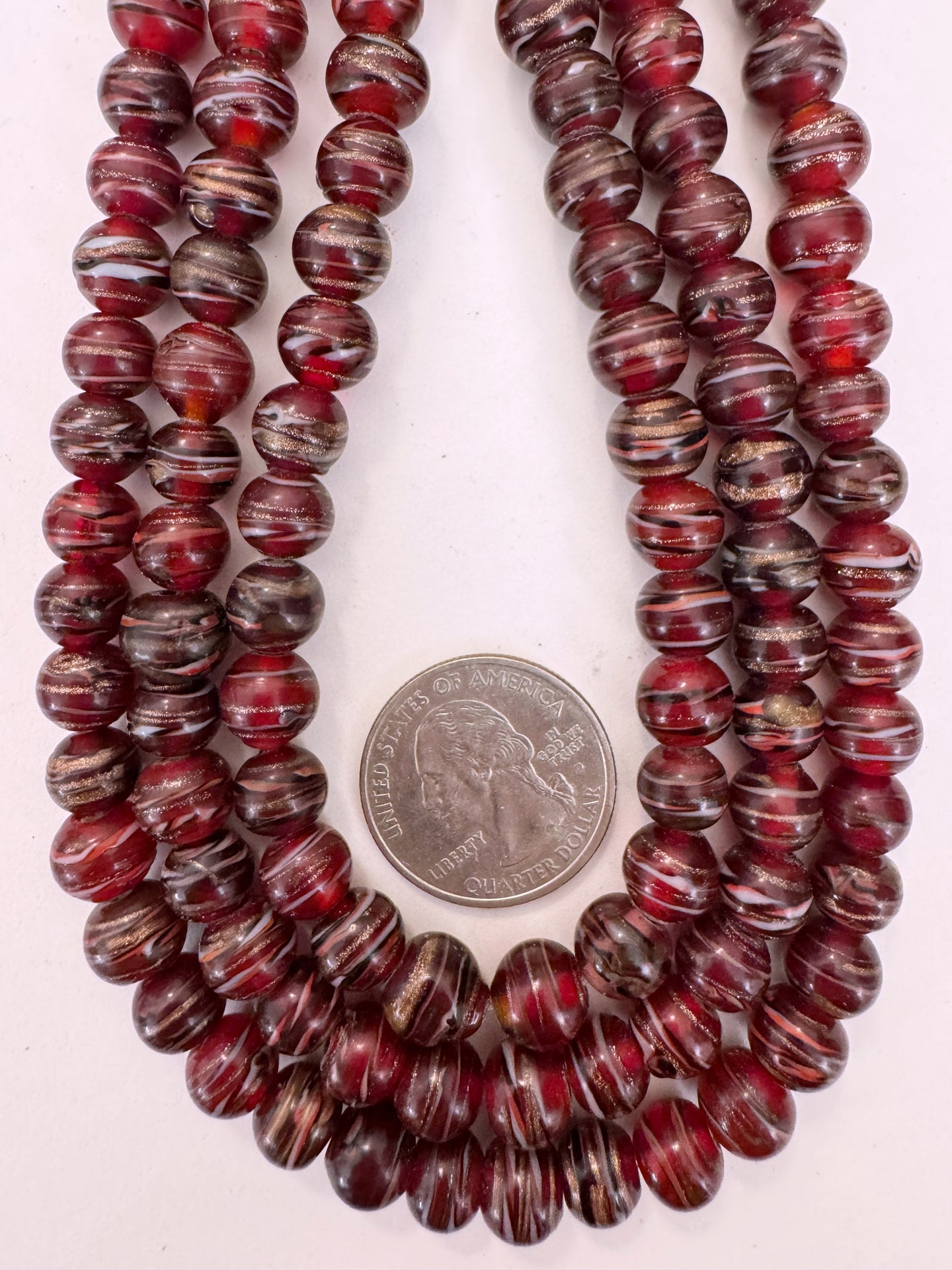 dark cherry red black white red metallic copper swirl, vintage look glass, 9mm round, 15