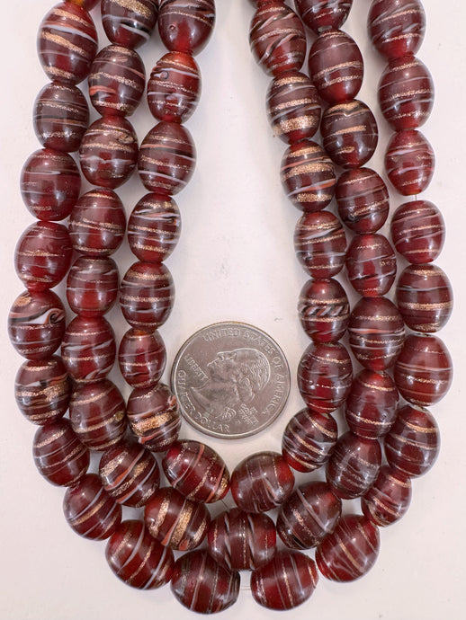 dark cherry red black white red metallic copper swirl, vintage look glass, 13x10mm bowed tube barrel, 15