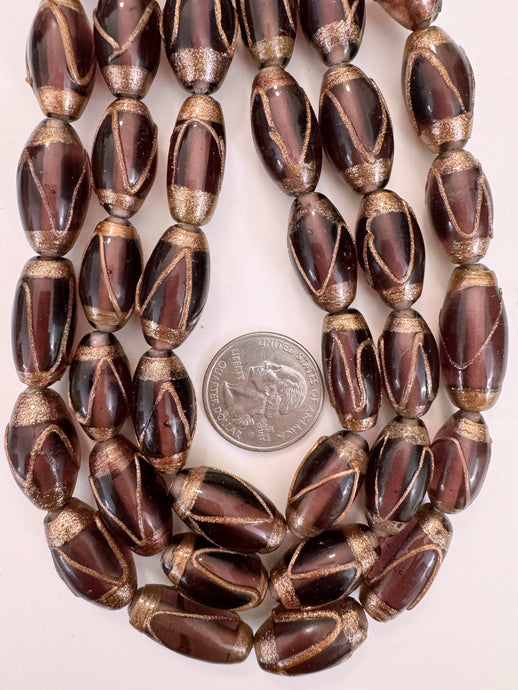 dark red purple metallic copper swirl, vintage look glass, 20-27mm bowed tube mix, 15