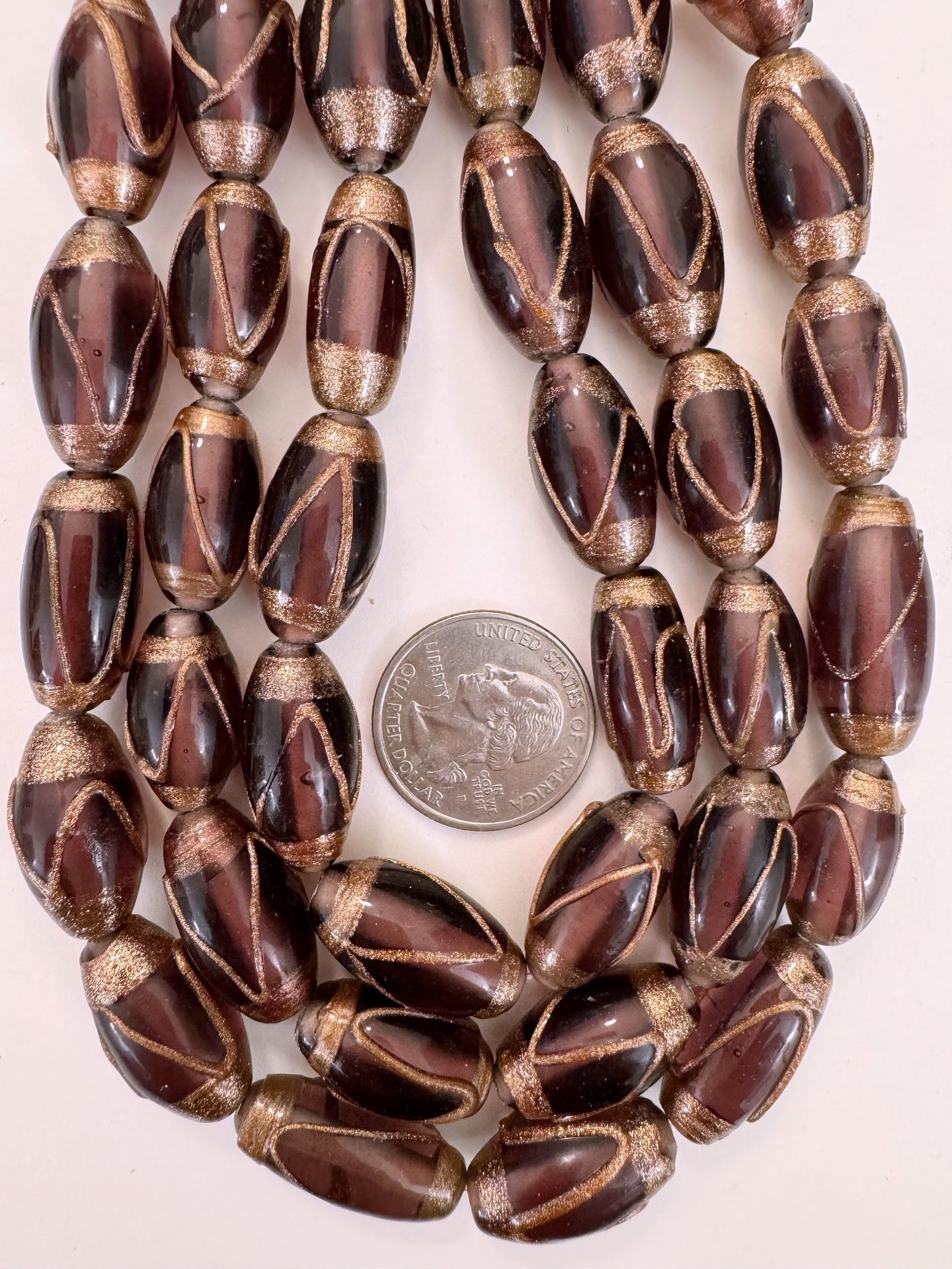 dark red purple metallic copper swirl, vintage look glass, 20-27mm bowed tube mix, 15