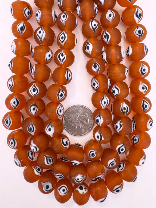 matte finish dark pale red orange black white evil eye motif, vintage look glass, 15x12mm rondelle, 15