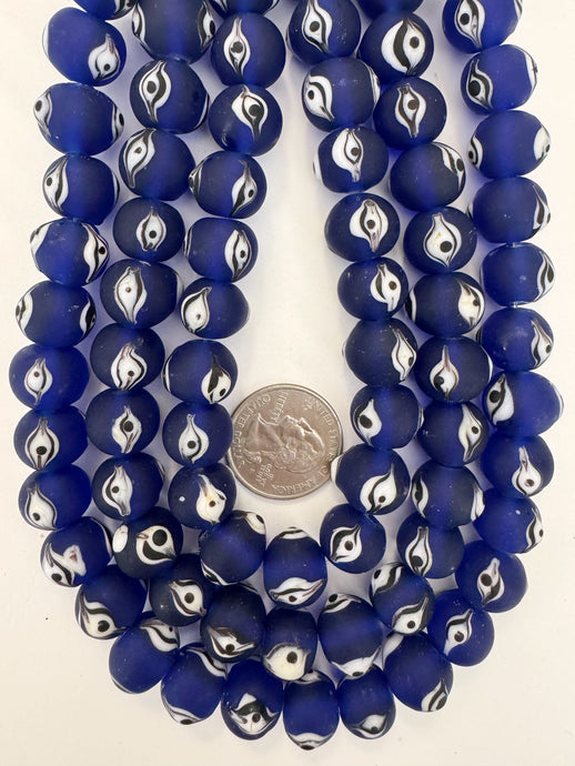 matte finish cobalt blue black white evil eye motif, vintage look glass, 14x11mm rondelle, 15