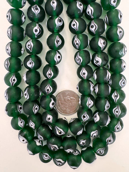 matte finish dark green black white evil eye motif, vintage look glass, 14x12mm rondelle, 15