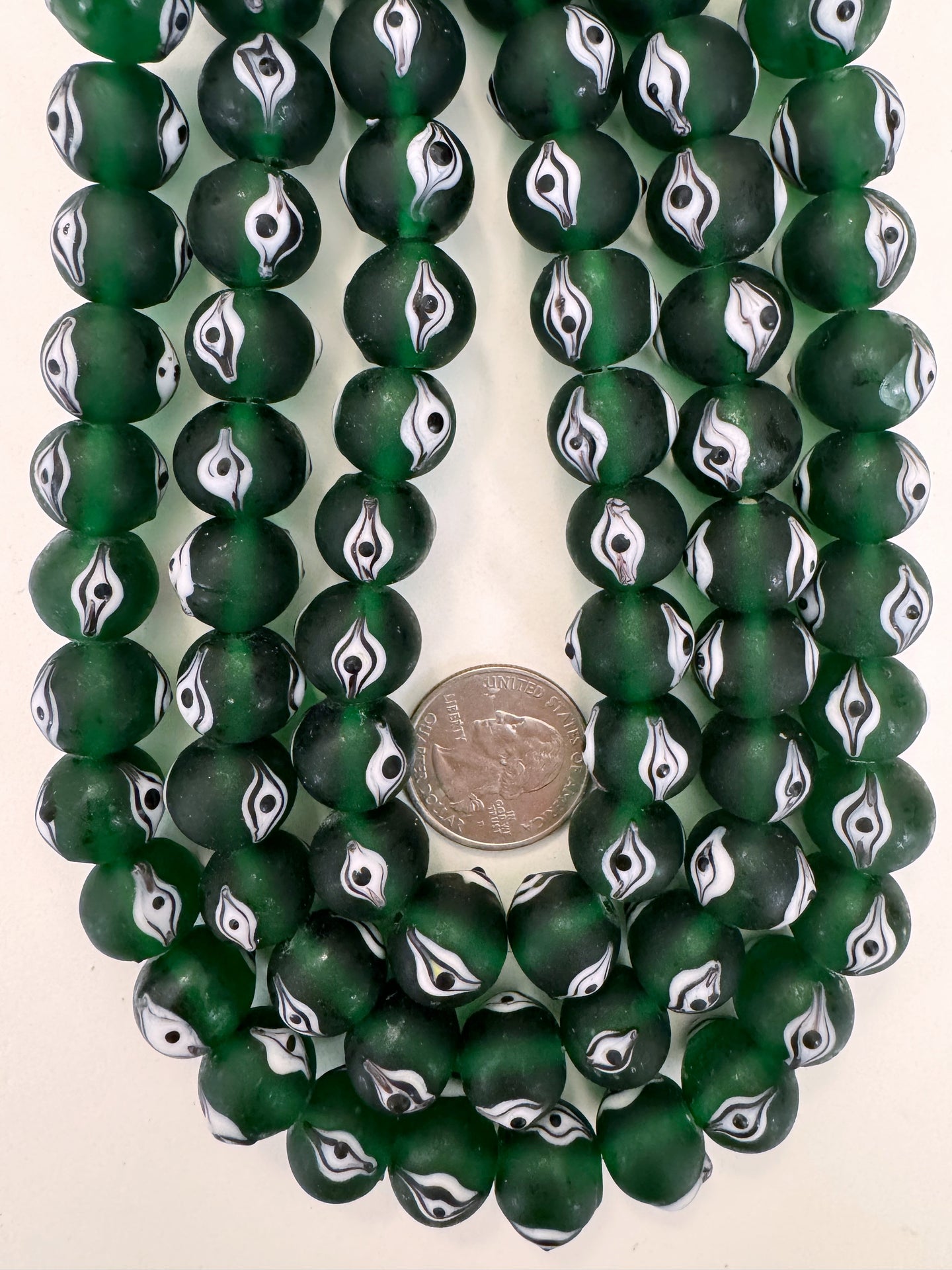 matte finish dark green black white evil eye motif, vintage look glass, 14x12mm rondelle, 15