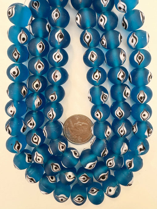 matte finish dark electric blue black white evil eye motif, vintage look glass, 14x12mm rondelle, 15