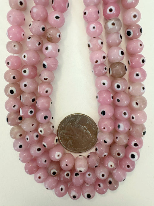 lavender pink black white evil eye motif, vintage look glass, 9x7mm rondelle, 15