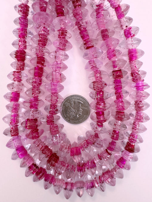 clear dark hot pink inside line stripe, vintage look glass, 16x7mm pointed saucer rondelle, 15