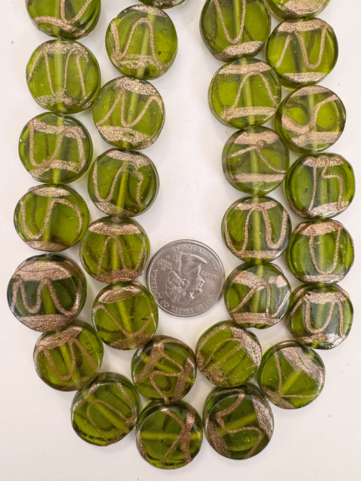 dark olive green metallic copper swirl, vintage look glass, 21x7mm coin, 15