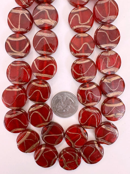 dark red metallic copper swirl, vintage look glass, 21x7mm coin, 15