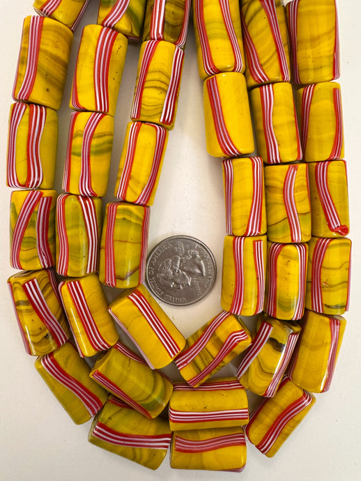 mustard yellow dark swirl red white stripe, vintage look glass, 25x14mm tube, 15