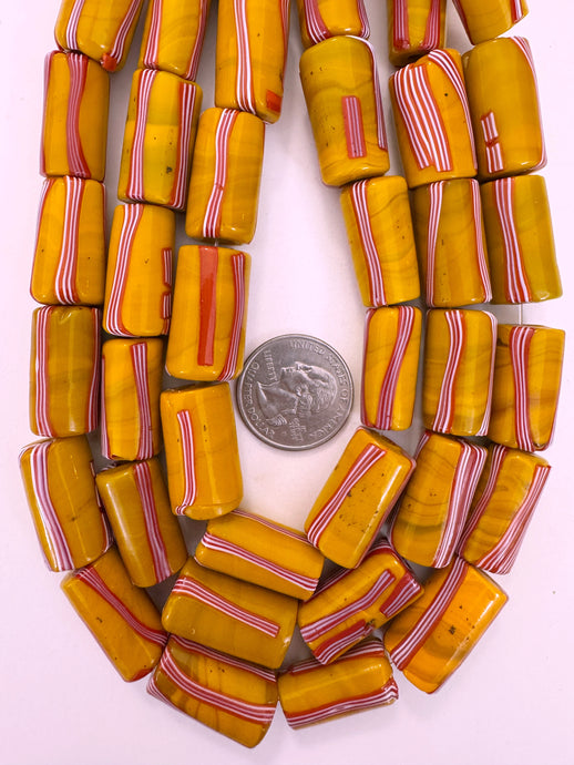 dark pale yellow orange dark swirl red white stripe, vintage look glass, 23x13mm tube, 15