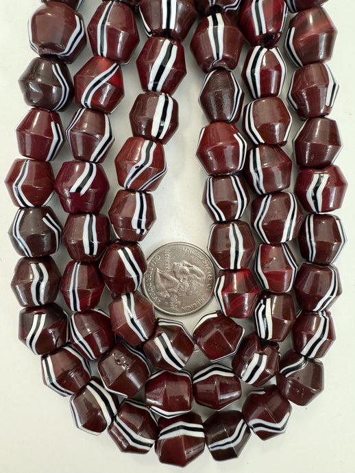 dark red brown black white stripe, vintage look glass, 15mm bicone, 15