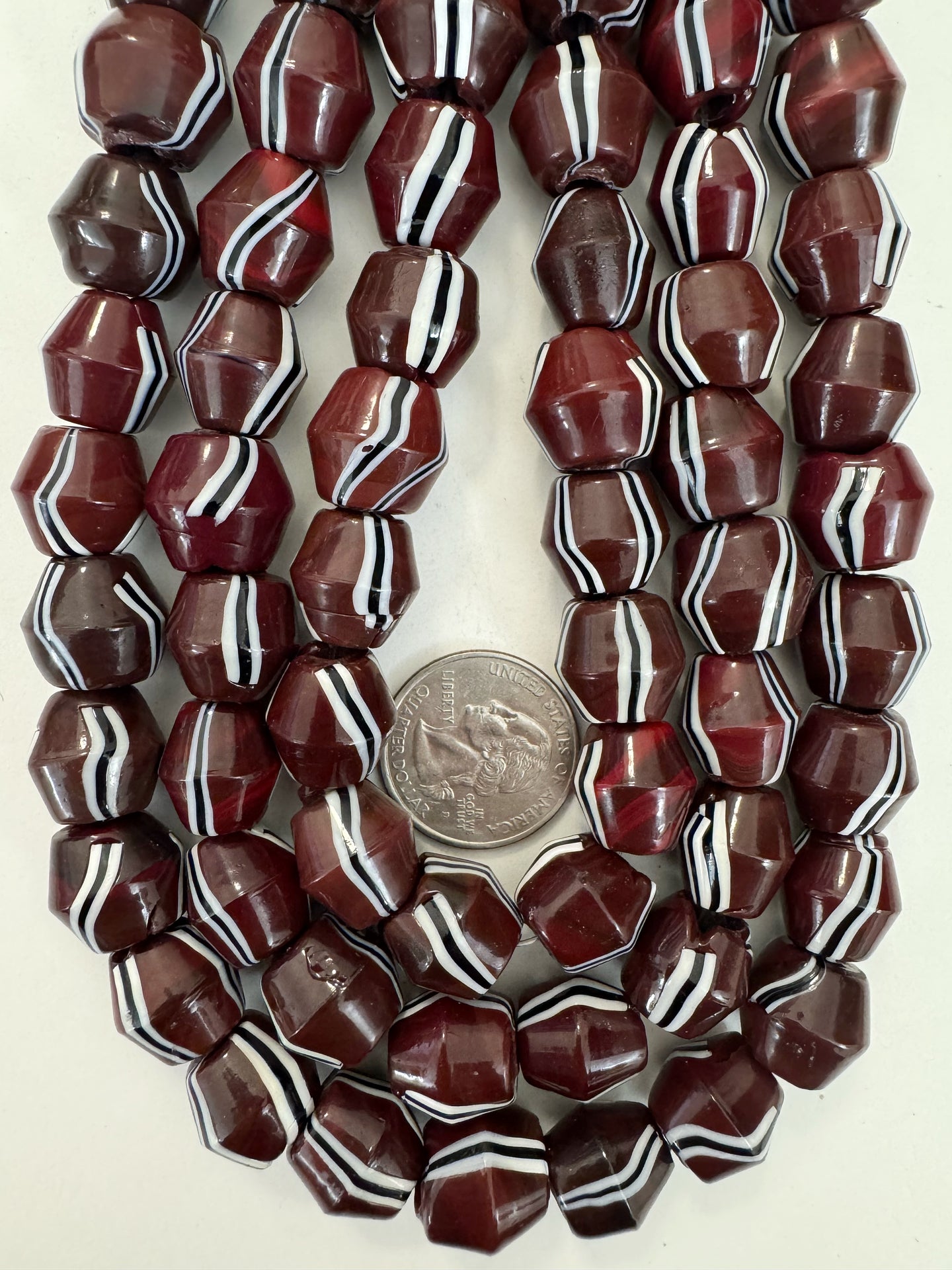 dark red brown black white stripe, vintage look glass, 15mm bicone, 15