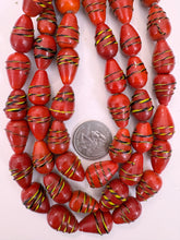 dark pale red orange yellow black raised swirl, vintage look glass, 20x13mm teardrop pear, 15" strand, sold per strand