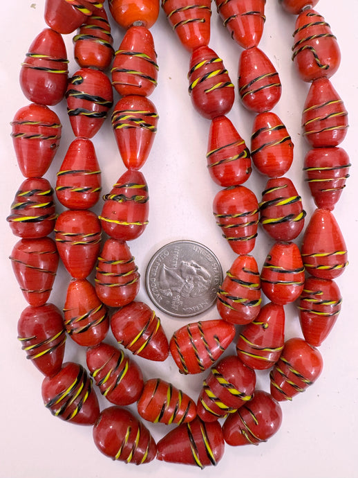 dark pale red orange yellow black raised stripe, vintage look glass, 20x13mm teardrop pear, 15