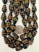 black yellow red raised stripe, vintage look glass, 20x13mm teardrop pear, 15" strand, sold per strand