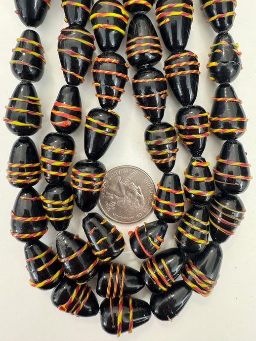 black yellow red raised stripe, vintage look glass, 20x13mm teardrop pear, 15