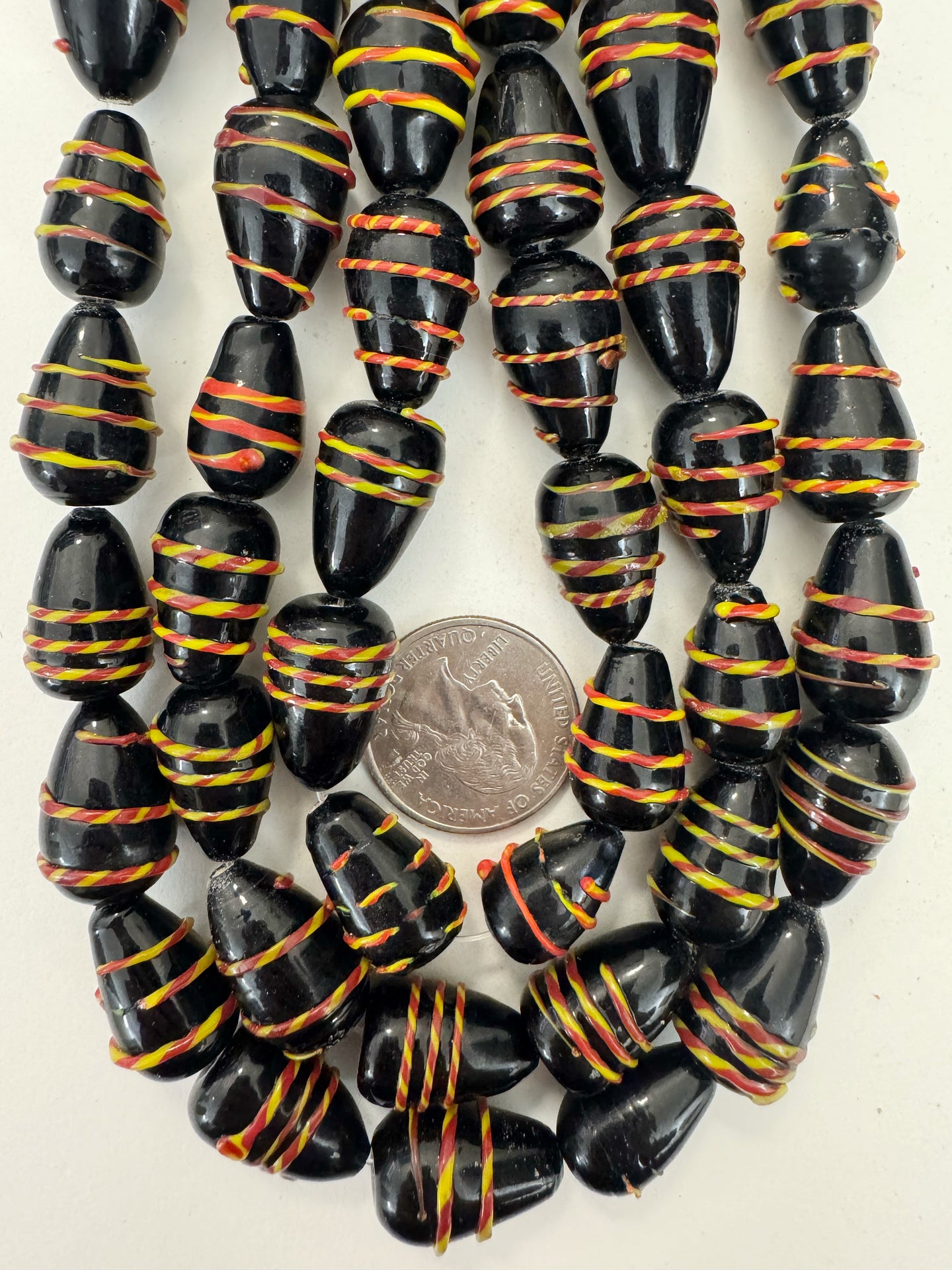 black yellow red raised stripe, vintage look glass, 20x13mm teardrop pear, 15