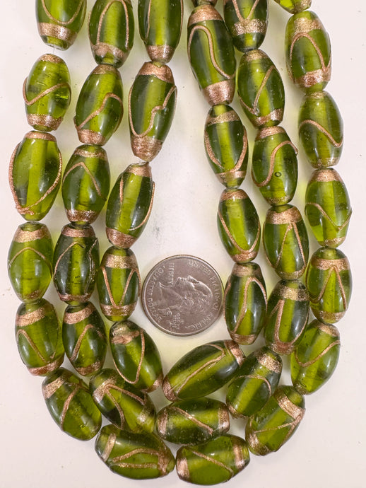 dark olive green metallic copper swirl, vintage look glass, 20-30mm tube mix, 15