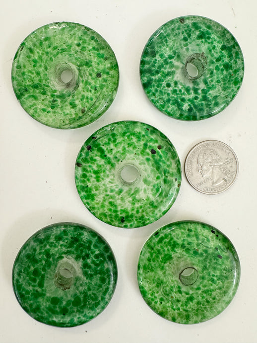 clear green dotted swirl motif, vintage look glass, 40-46mm donut mix, 5 piece lot, sold per lot
