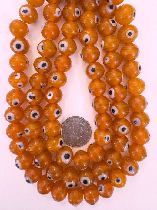 dark pale red orange white swirl, black white evil eye, vintage look glass, 13x12mm rondelle, 15