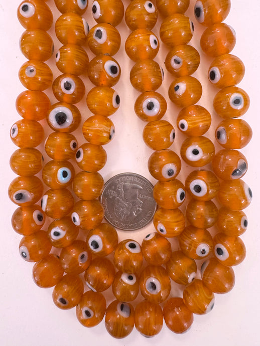 dark pale red orange white swirl, black white evil eye, vintage look glass, 12x10mm rondelle, 15