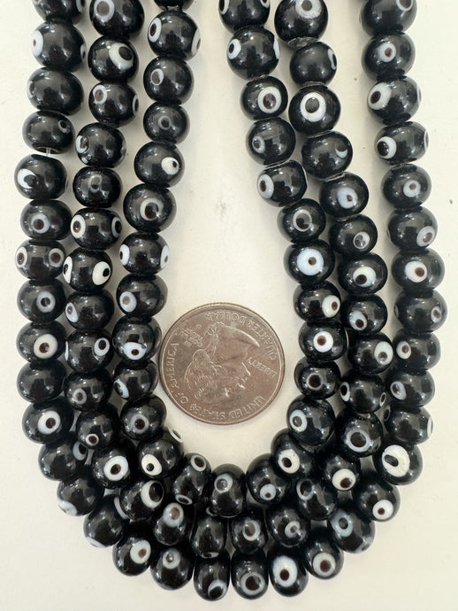 black white evil eye, vintage look glass, 8x7mm rondelle, 15