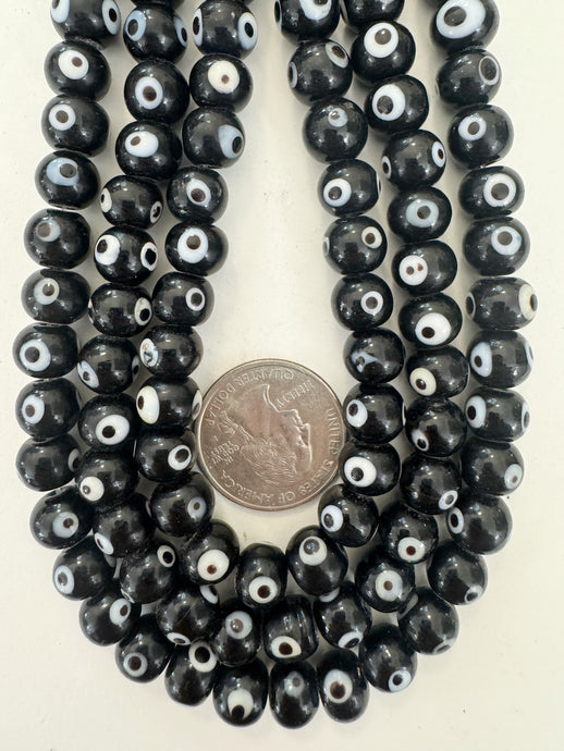 black white evil eye, vintage look glass, 9x8mm rondelle, 15