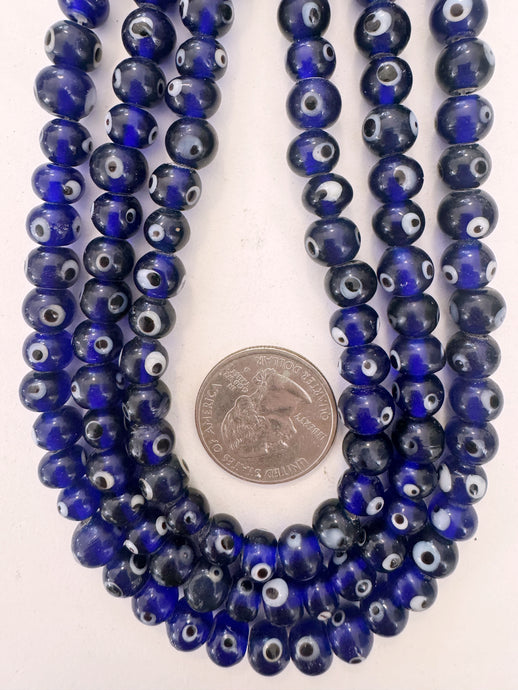 cobalt blue black white evil eye, vintage look glass, 7x6mm rondelle, 15