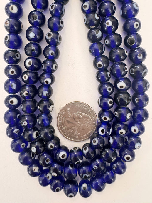 cobalt blue black white evil eye, vintage look glass, 9x8mm rondelle, 15