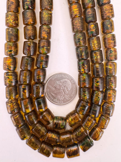 dark brown golden amber green swirl, vintage look glass, 10x9mm barrel tube, 15